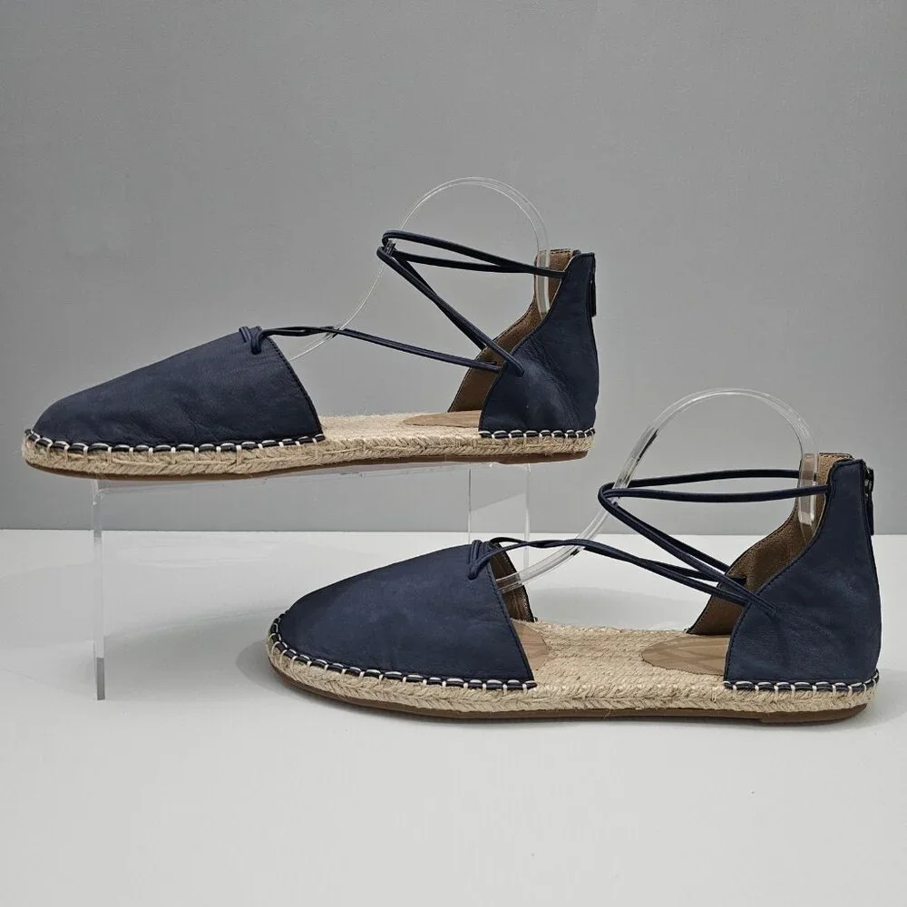 Eileen Fisher Lace Up Espadrille Flats Womens 11 Denim Blue Leather Sandal